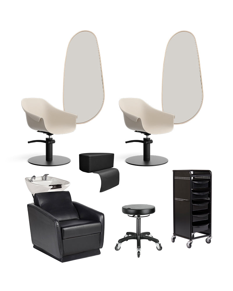 Beige frisør startpakke Just Add People med 2 kundepladser, 1 vaskeplads og rullebord i metal